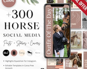 Plantillas para redes sociales ecuestres: Publicaciones e historias destacadas sobre caballos (Canva editable)