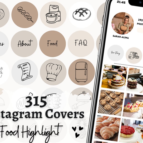 Foodie Icons | Food Blogger Instagram Highlight Covers | Food Line Art Illustrations | Neutral Food Backgrounds for Instagram | Neutral food