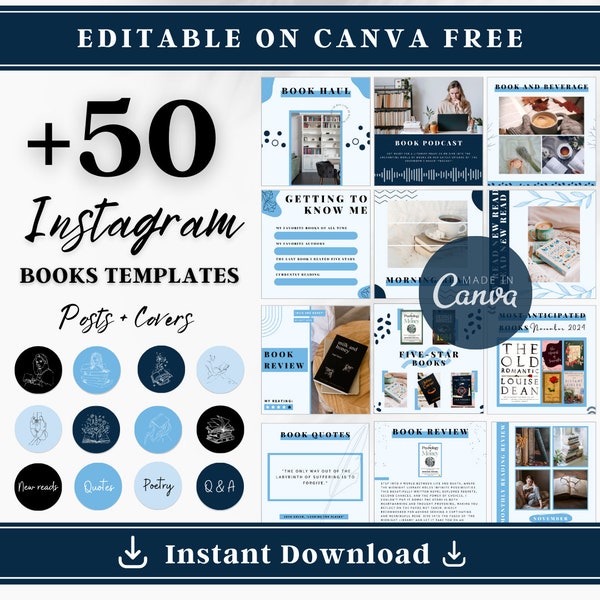 Bookstagram Templates | Blue Instagram Books Post Templates | Bookstagram Canva Templates |  Blue Books Templates Posts & highlights story