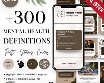 Mental Health Instagram Templates: Posts, Stories, Highlights (Canva)