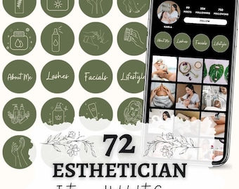 May include: 72 green and white circle Instagram highlight covers with various line drawings of beauty and spa related icons. The text "72 ESTHETICIAN Instagram Highlight Covers" is at the bottom of the image.