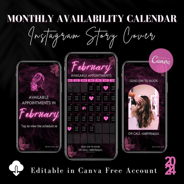 Hair Salon Calendar Instagram, pink neon Calendar Template, Hair Stylist Monthly Calendar Available Appointments, Book Now template