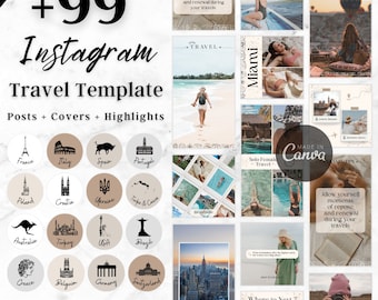 Plantillas de Instagram de viajes: publicaciones minimalistas, historias y momentos destacados (descarga digital)