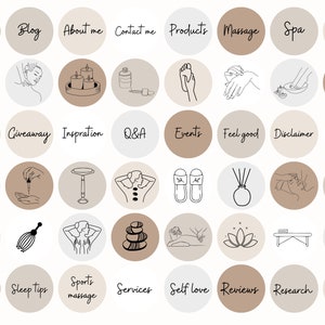 May include: A set of 36 social media icons for a spa or massage business. The icons are in a minimalist style with black outlines and brown and gray backgrounds. The icons depict various spa and massage related services, such as cupping, massage, facials, and relaxation.