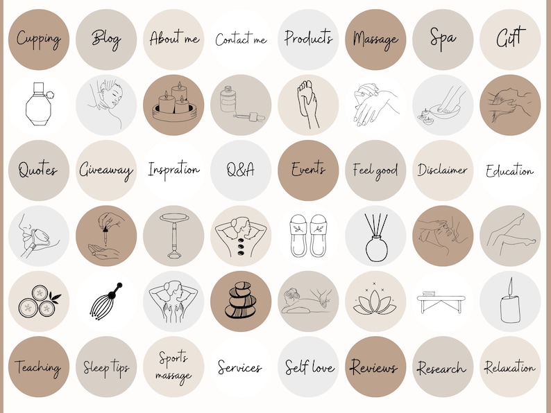 May include: A set of 36 social media icons for a spa or massage business. The icons are in a minimalist style with black outlines and brown and gray backgrounds. The icons depict various spa and massage related services, such as cupping, massage, facials, and relaxation.