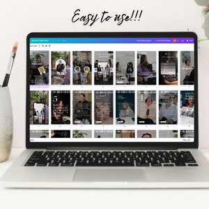 May include: A laptop computer screen displaying a grid of 36 podcast cover images. The images are all in a similar style, with a black background and white text. The text on the images includes phrases like "The Weekly Episode", "New Podcast", and "How to Build Your Brand".