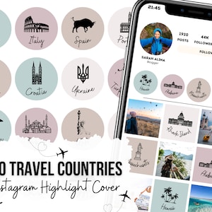 Travel Instagram Highlight Covers | 100 Countries Illustrations on 4 Pastel Colors backgrounds for Instagram Stories | Traveller, Blogger