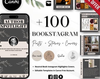 All in one gray Bookstagram Templates Editable Book Instagram Story Posts and Highlight cover