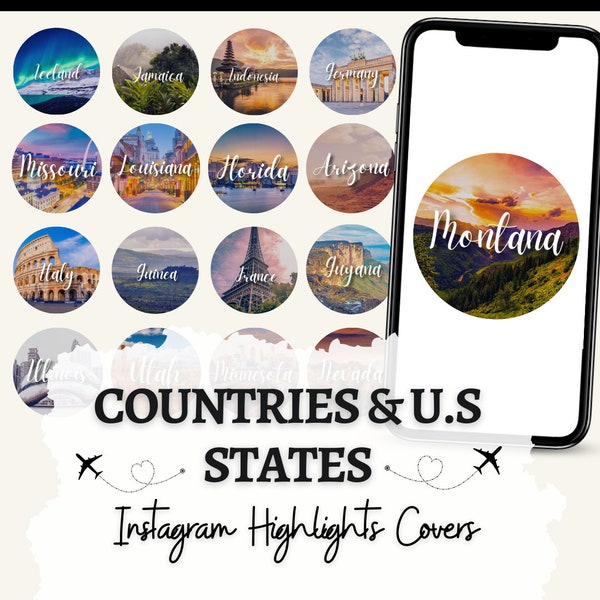 Countries & US State Instagram Story Highlight Covers, Travel Story Icons, Country Highlight Covers, States, Travel Story Highlight Covers