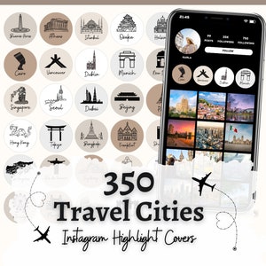 Op de afbeelding: Een set van 350 Instagram-highlightcovers met zwart-wit illustraties van bezienswaardigheden uit steden over de hele wereld. De covers zijn rond met een beige achtergrond. De tekst "350 Travel Cities Instagram Highlight Covers" staat onderaan de afbeelding.