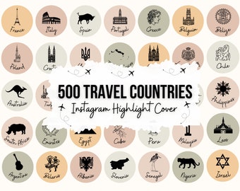 Copertine di Instagram in evidenza per i viaggi / 100 illustrazioni di paesi (download digitale)