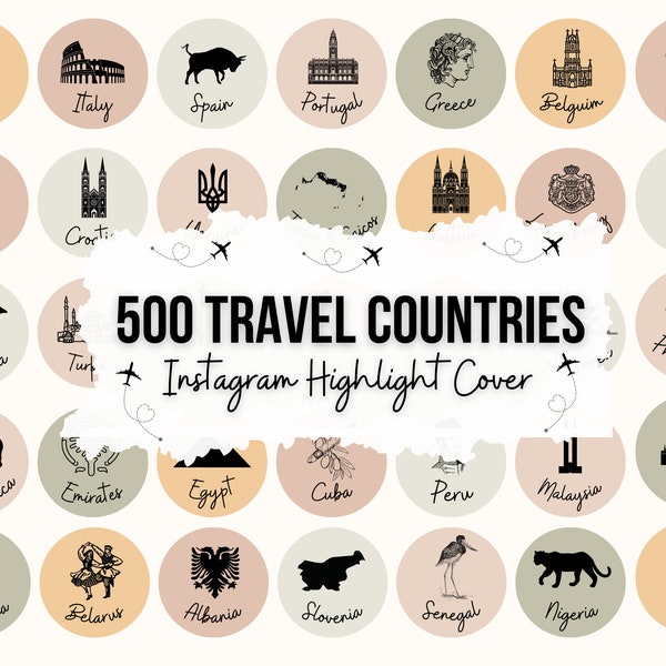 Reise Instagram Highlight Covers | 100 Länder Illustrationen auf 5 Pastell Hintergründe für Instagram Stories | Sofort Download