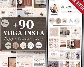 Yoga Instagram Template: Neutral Posts, Stories & Highlight Covers (Editable Canva)