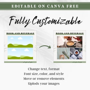 May include: Editable Canva template for a book and beverage social media post. The template features two designs, one with a green landscape and the other with a collage of photos of books and coffee. The text "Book and Beverage" appears at the top of each design.