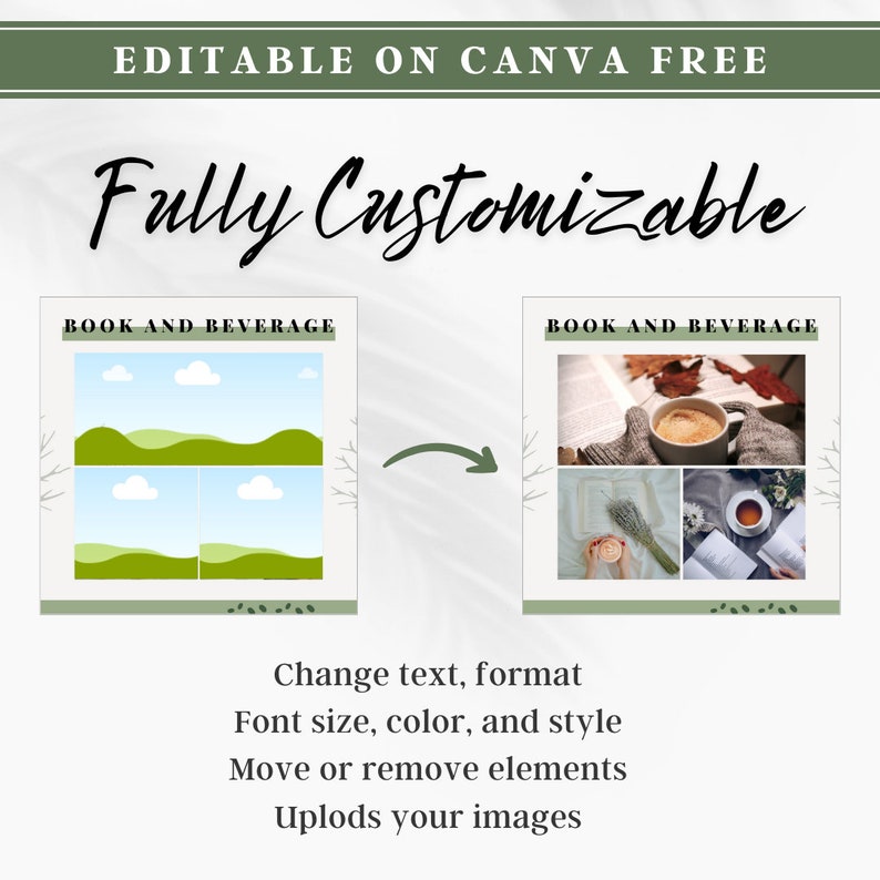 May include: Editable Canva template for a book and beverage social media post. The template features two designs, one with a green landscape and the other with a collage of photos of books and coffee. The text "Book and Beverage" appears at the top of each design.