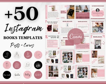 Bookstagram-mallar: Rosa Instagram-inlägg och omslag med höjdpunkter (Canva, digital nedladdning)