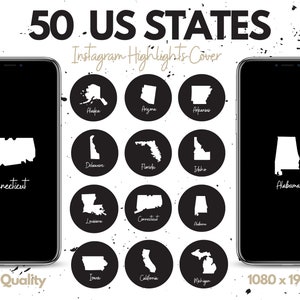 US States Highlight Covers, Black US States Maps Icons, Travel Instagram Highlight Covers, Travel Blogger Highlight Covers, US States Maps
