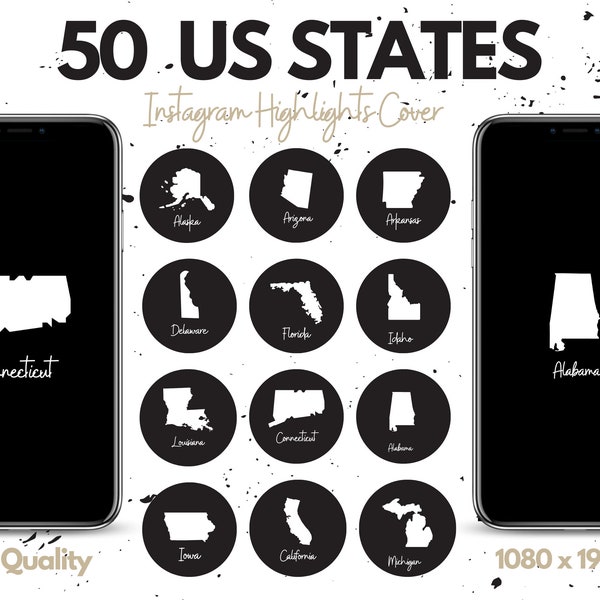 US States Highlight Covers, Black US States Maps Icons, Travel Instagram Highlight Covers, Travel Blogger Highlight Covers, US States Maps