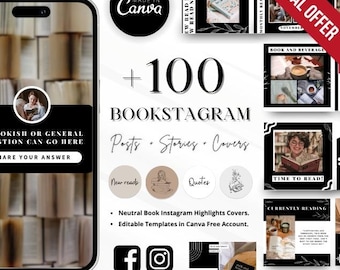 All in one Black Bookstagram Templates Editable Book Instagram Story Posts and Highlight cover