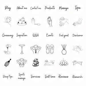 May include: Black and white line art illustrations of various spa and wellness related services, including cupping, massage, sleep tips, and relaxation. The illustrations are arranged in a grid with text labels above each image.