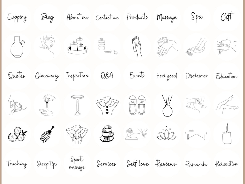 May include: Black and white line art illustrations of various spa and wellness related services, including cupping, massage, sleep tips, and relaxation. The illustrations are arranged in a grid with text labels above each image.