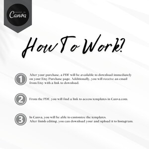 May include: A three-step guide on how to use Canva templates. The steps are numbered 1, 2, and 3. Each step is described in text. The text includes the words "Etsy", "PDF", "Canva", and "Instagram".