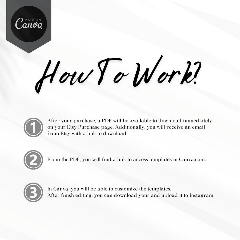 May include: A three-step guide on how to use Canva templates. The steps are numbered 1, 2, and 3. Each step is described in text. The text includes the words "Etsy", "PDF", "Canva", and "Instagram".