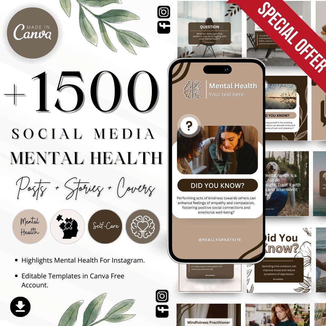 Mental Health Social Media Bundle, Mental Health Templates Instagram and Facebook, Editable Mental Health Template Canva, Mental Health