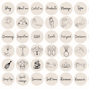 May include: A set of 36 Instagram story highlight icons for a spa or wellness business. The icons feature line drawings of various spa treatments, products, and services, including cupping, massage, sleep tips, and relaxation.