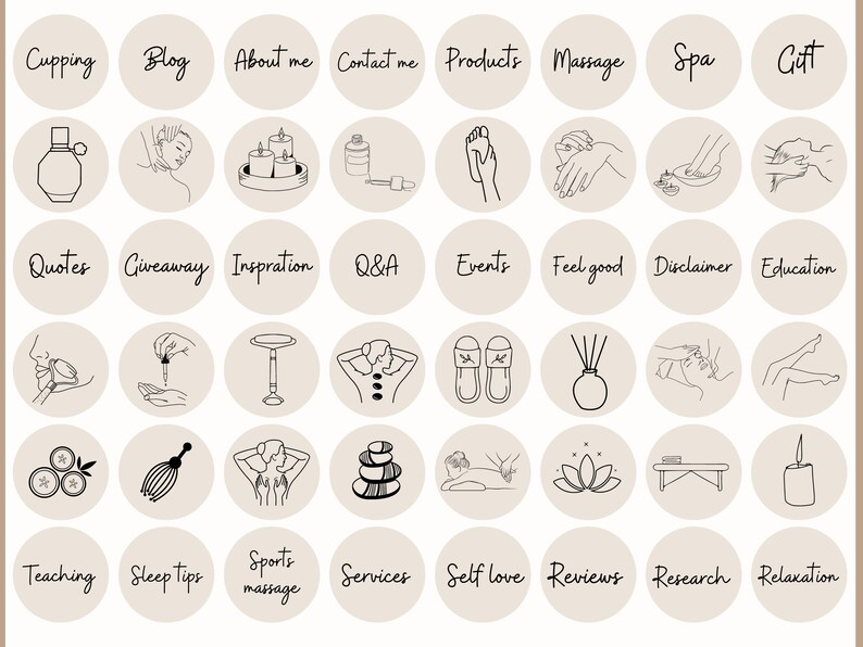 May include: A set of 36 Instagram story highlight icons for a spa or wellness business. The icons feature line drawings of various spa treatments, products, and services, including cupping, massage, sleep tips, and relaxation.