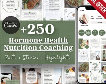 Può includere: Un collage di immagini che promuovono il coaching nutrizionale per la salute ormonale. Le immagini includono cibo, pose di yoga e testo sulla comprensione della salute ormonale, l'insulina, gli alimenti dannosi e la dieta. Il testo "+250 Hormone Health Nutrition Coaching Posts + Stories + Highlights" è in grandi lettere verdi su uno sfondo verde.