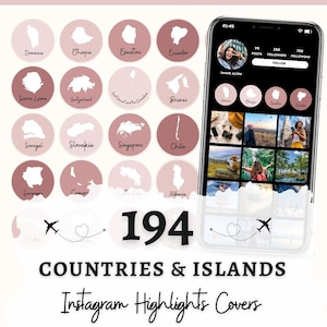 Couvertures de surbrillance de voyage Instagram, roses esthétiques, couvertures de surbrillance des pays et des îles, cartes des pays, des îles, icônes roses d'histoires de voyage