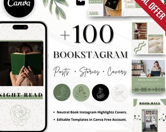 All in one green Bookstagram Templates Editable Book Instagram Story Posts and Highlight cover