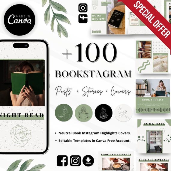 All in one green Bookstagram Templates Editable Book Instagram Story Posts and Highlight cover