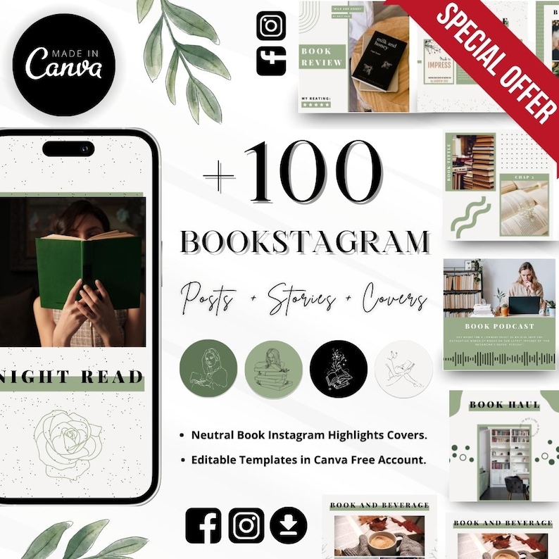 All in one green Bookstagram Templates Editable Book Instagram Story Posts and Highlight cover image 1