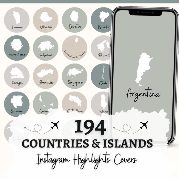 Neutral Sage Tone Countries, Instagram Story Highlight Covers, Travel Story Covers, Country Story Covers, Travel Story Highlight Icons