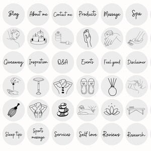 May include: A set of 36 Instagram story highlight covers with black line drawings of various spa and wellness related icons. The icons include cupping, massage, sleep tips, relaxation, and more. The icons are on a gray background.
