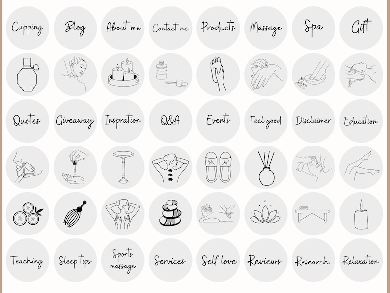 May include: A set of 36 Instagram story highlight covers with black line drawings of various spa and wellness related icons. The icons include cupping, massage, sleep tips, relaxation, and more. The icons are on a gray background.