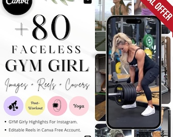 May include: A promotional graphic with the text "+80 FACELESS GYM GIRL Images + Reels + Covers." The image includes a woman lifting weights, and icons for post-workout and yoga. The text "GYM Girly Highlights For Instagram" is also present.