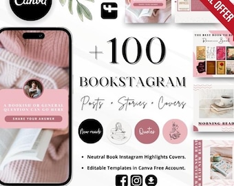 Plantillas de Bookstagram rosa todo en uno, publicaciones de historias de Instagram de libros editables y portada destacada