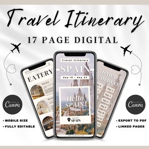 Modèle mobile d’itinéraire de voyage en Espagne, planificateur de voyage modifiable, guide de voyage en Espagne, Europe esthétique, organisateur de voyage numérique en Espagne