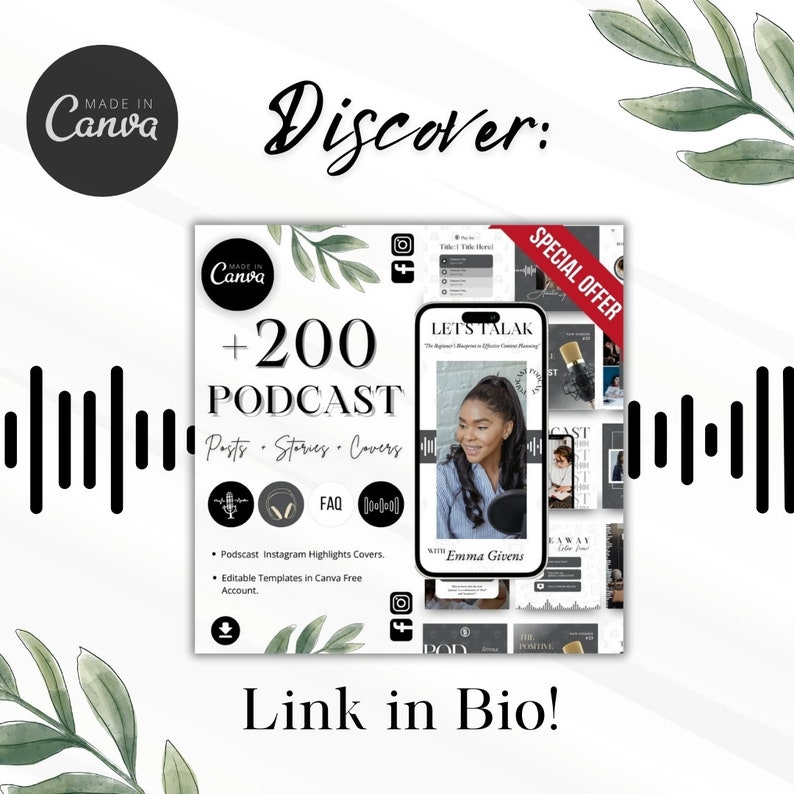 May include: A graphic with a black and white striped background and a white text overlay that says "Discover:". The graphic features a collage of images of podcast covers, Instagram highlights, and a phone screen with a podcast episode title and host name. The text "+200 Podcast Posts Stories Covers" is in white text on a black background. The text "Link in Bio!" is in white text on a black background.