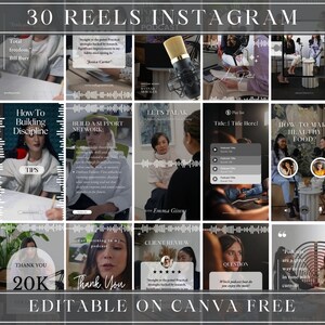 May include: A collage of 30 Instagram reel templates for a podcast. The templates feature different layouts and designs, including text, images, and audio waveforms. The text includes phrases like "Total freedom", "How to build discipline", "Let's talk", "Client review", and "Podcasts are a great way to stay in tune with current events". The templates are editable on Canva.