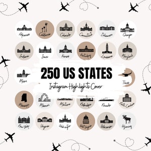 Capas de destaque do Instagram dos Estados dos EUA | 50 ilustrações de estados americanos em 5 fundos neutros | Capas de destaque do Traveller, Blogger EUA