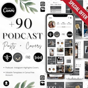 Könnte beinhalten: Eine Sammlung von 90 anpassbaren Podcast-Instagram-Post- und Highlight-Cover-Vorlagen in Schwarzweiß mit goldenen Akzenten. Die Vorlagen zeigen Mikrofone, Kopfhörer und andere Podcast-bezogene Symbole. Der Text "+90 PODCAST Posts + Covers" wird in großen, fetten Buchstaben angezeigt.