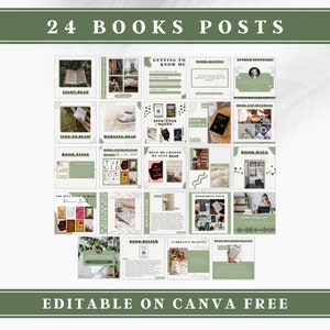 May include: A collage of 24 green and white book-themed social media post templates. The templates feature various book-related themes, such as "Night Read", "Time to Read", "Morning Read", "Book Quotes", "Author Spotlight", "Five-Star Books", "Book Review", "Book and Beverage", "Book Hall", "Most Anticipated Books 2024", "Help Me Choose My Next Read", "The Best Book to Read", "Bookshelf Tour", "Book Podcast", "Book Review", "Currently Reading", and "Book Recommendations". The templates are editable on Canva for free.