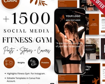 May include: A collection of 1,500 social media posts, stories, and covers for fitness and gym businesses. The images feature a woman working out, weights, protein, and motivational quotes. The text "YOUR LOGO ADD TEXT HRER" is displayed on a phone screen. The text "A one-hour workout is 4% of your day. No excuses." is also displayed.