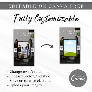 May include: Editable Canva template for a podcast episode graphic. The template features a black and white image of two people talking with a microphone. The text "THE WEEKS EPISODE" is at the top of the template. The template is fully customizable and can be used to create a unique and professional podcast episode graphic.
