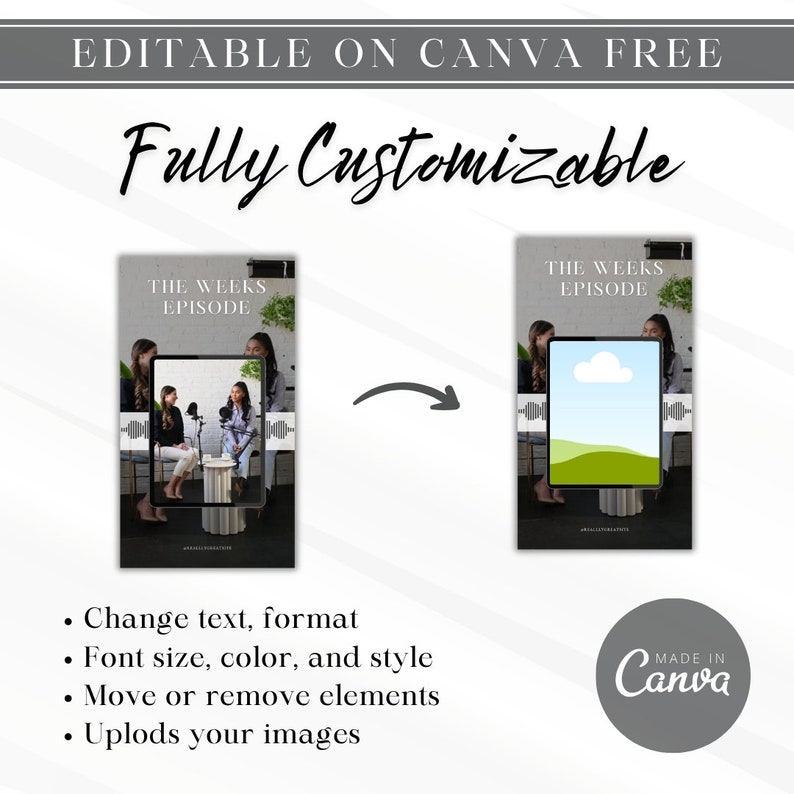 May include: Editable Canva template for a podcast episode graphic. The template features a black and white image of two people talking with a microphone. The text "THE WEEKS EPISODE" is at the top of the template. The template is fully customizable and can be used to create a unique and professional podcast episode graphic.