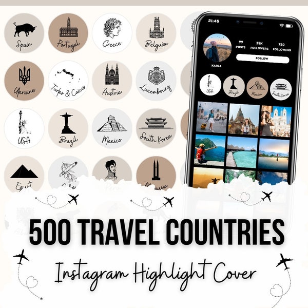 Reise Instagram Highlight Covers | 100 Länder Illustrationen auf 5 neutralen Hintergründen für Instagram Stories | Sofort Download